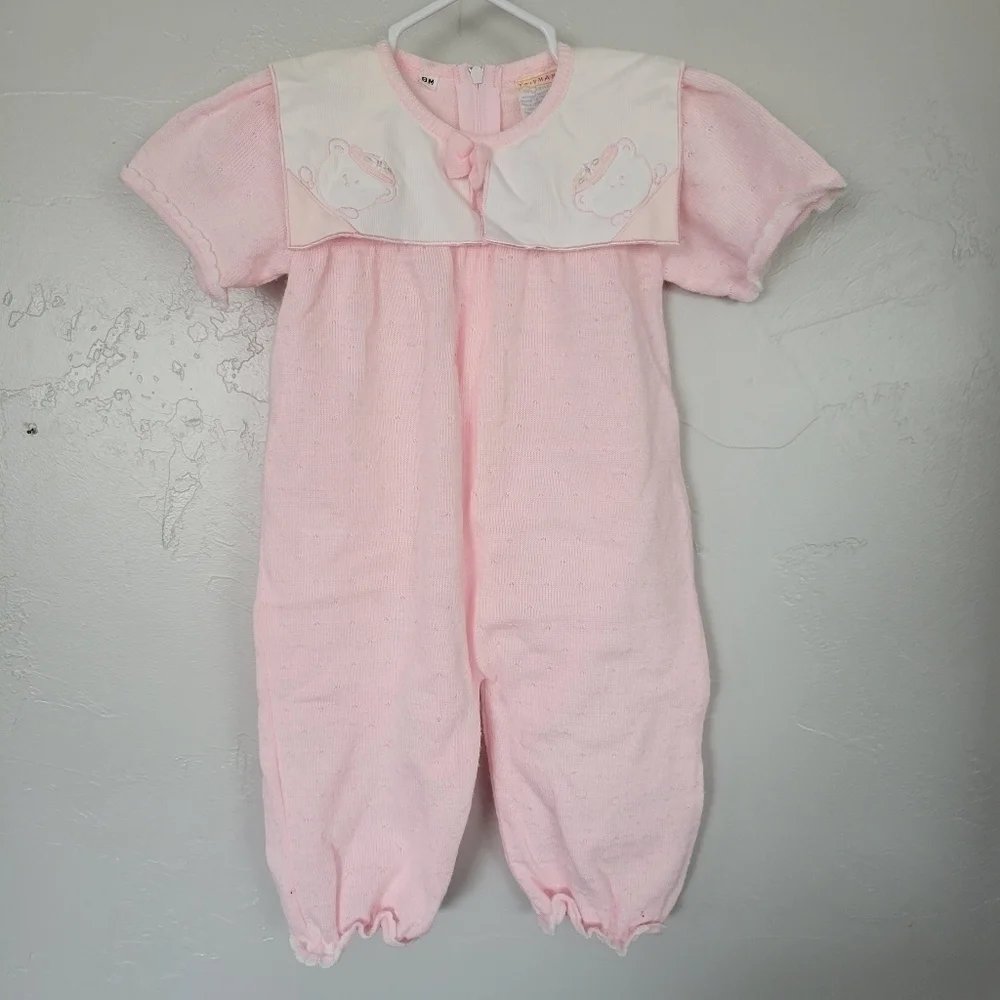 Friemanit Vintage Baby Girl 9 Months Light Pink Knit Outfit Square Collar Bear